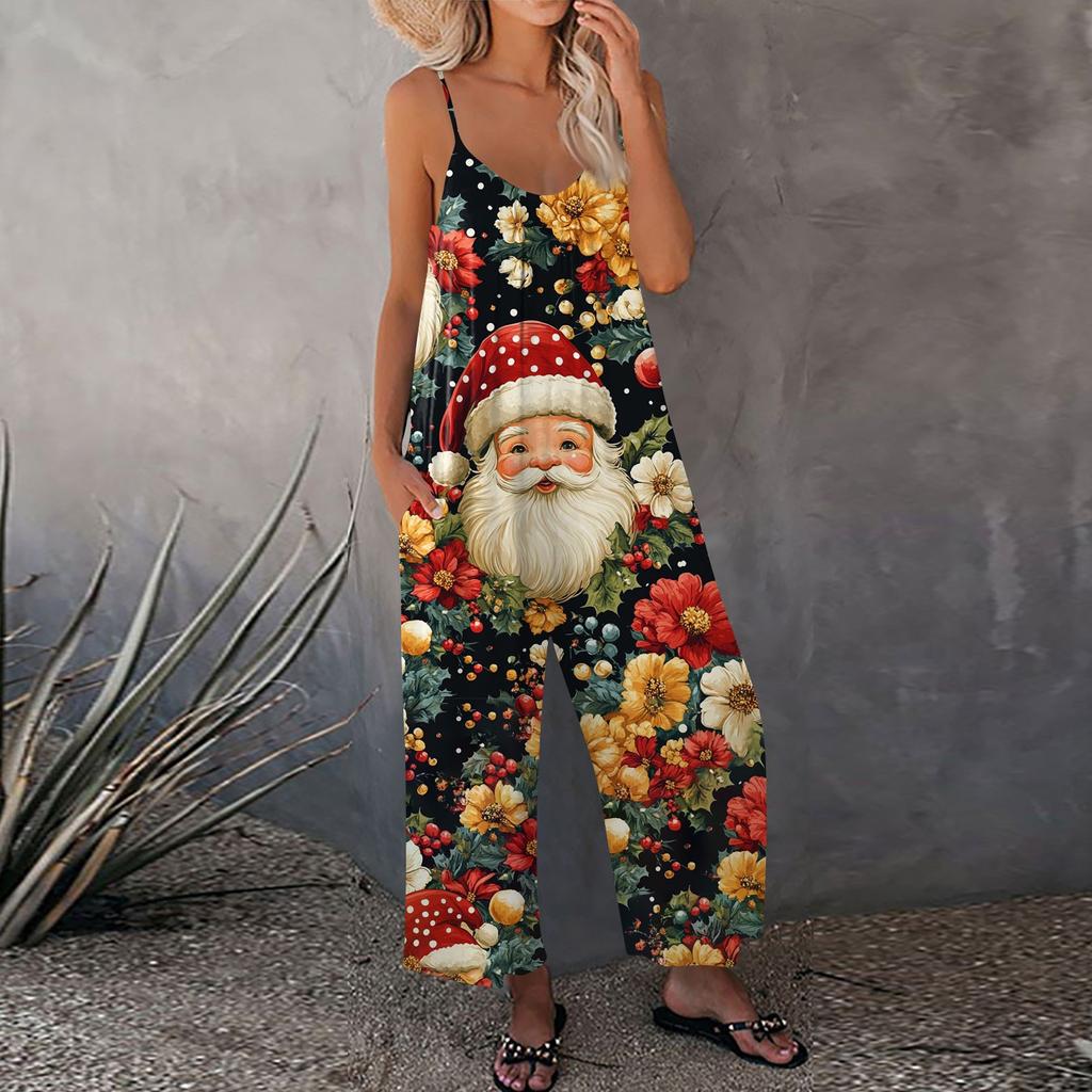 Женский рождественский принтованный комбинезон, свободный, с регулируемыми подтяжками