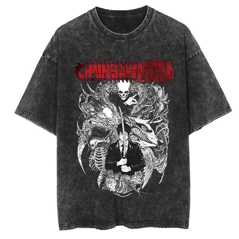 Chainsaw Man Anime Clothing Makima Graphic Print Tee Men Women Oversized Casual Tshirts Harajuku Male Washed Cotton T-shirt