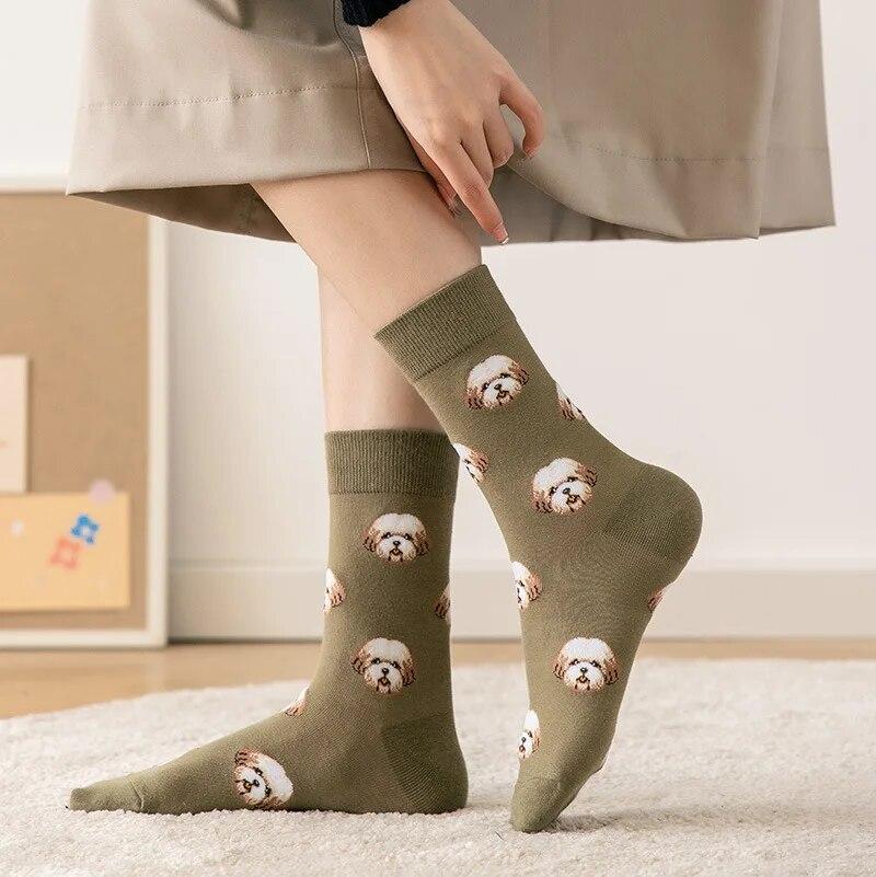 Cute Cartoon Dog Women‘s Sock Kwaii Korea Harajuku Funny Dalmatian Malzis Teddy Pomeranian Long Sox Skarpetki Chaussette Meias