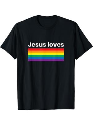 Jesus Loves Rainbow Pride LGBTQ Christian Graphic Tee Casual Daily Short Sleeve T-Shirt Gay