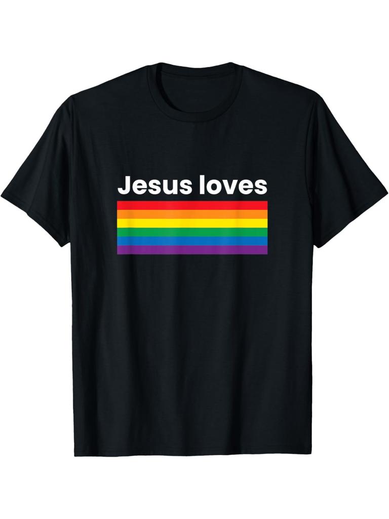 Jesus Loves Rainbow Pride LGBTQ Christian Graphic Tee Casual Daily Short Sleeve T-Shirt Gay