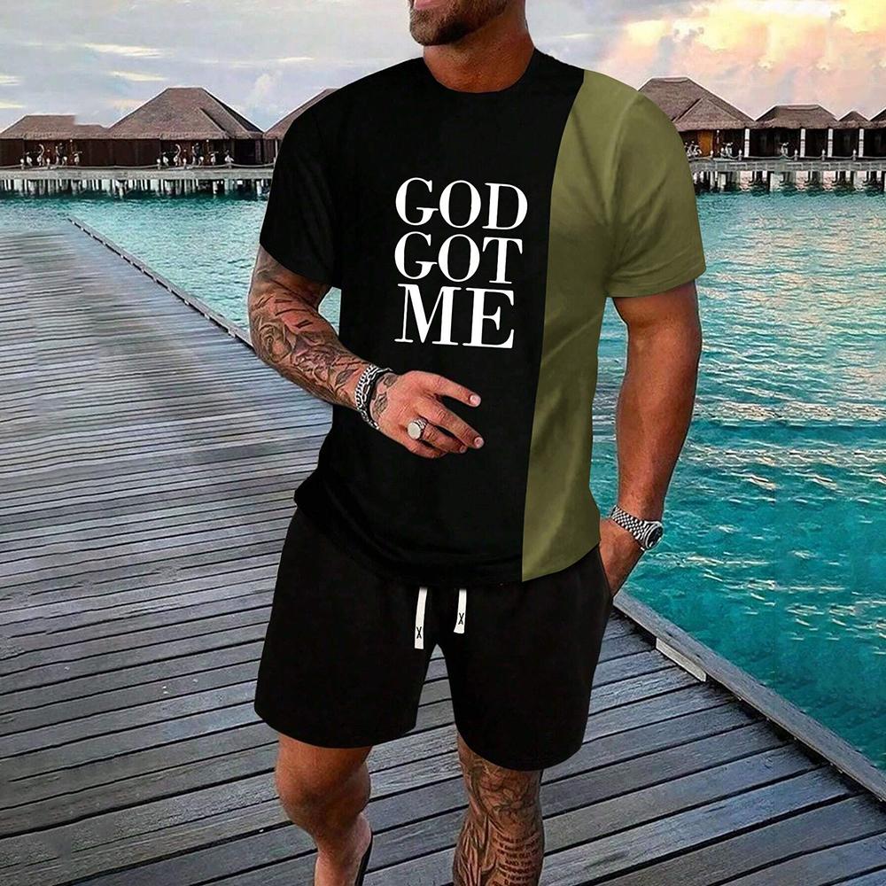 Мужская летняя повседневная футболка с круглым вырезом, коротким рукавом, принтом в виде 3D-букв и цветов, комплект шорт на шнурке, спортивная одежда