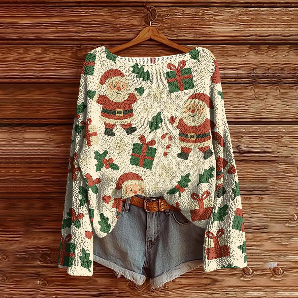 Women's Christmas Print Lightweight Sweater Casual Long Sleeve Knitted Pullover