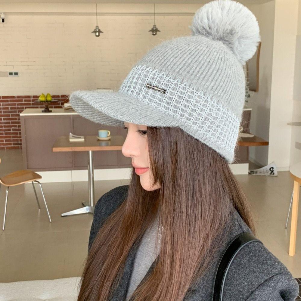 Knitted Winter Baseball Cap Windproof Brimmed Windproof Hat Thermal Knit Visor Beanie Girls