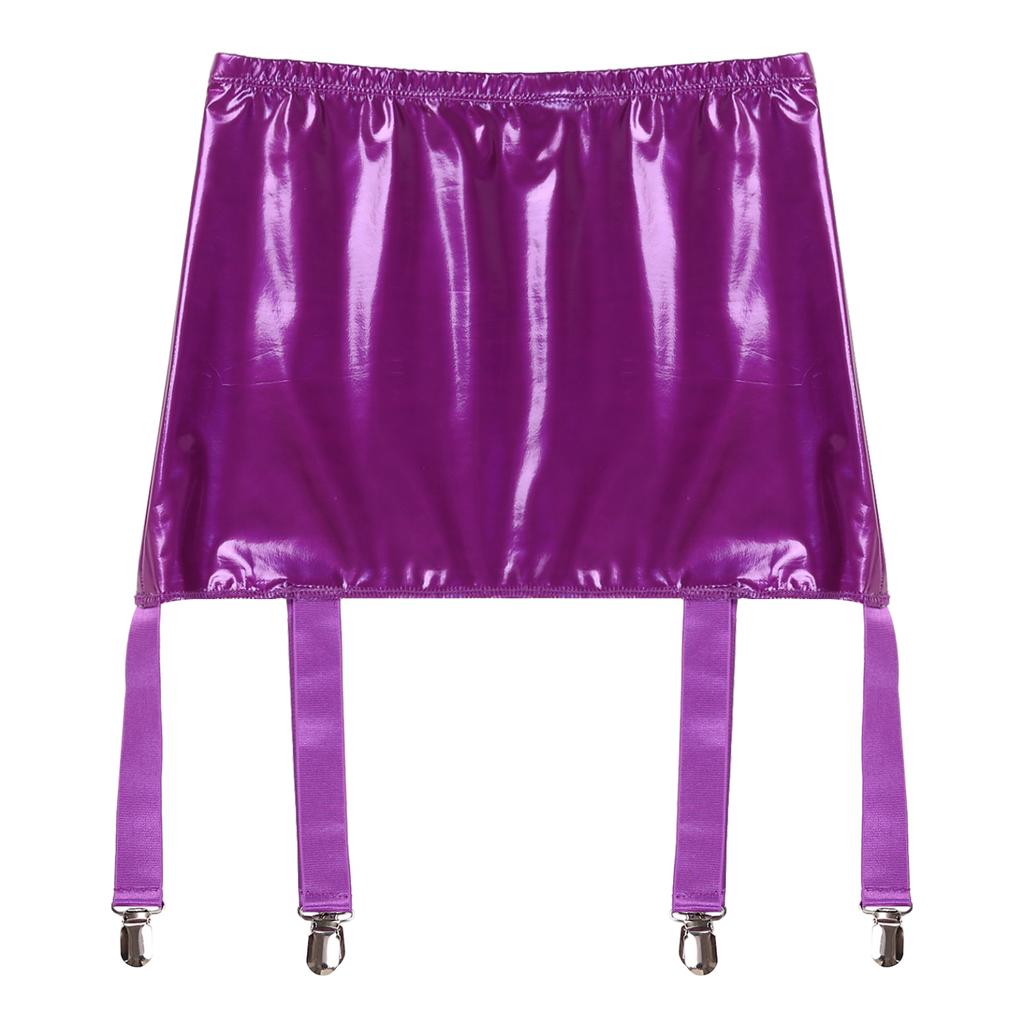 Womens Wet Look Patent Leather Garter Belt Skirt High Waist Suspenders with Metal Buckle Clips Plus Size