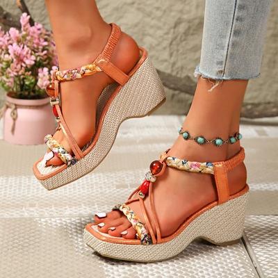 Летние новинки 2025 года Женские сандалии на танкетке Горячая платформа Открытый носок Эластичная лента Задний ремешок Слингбэк Бохо обувь Сандалии Размер 36-43