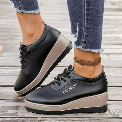 Весна и Осень Четыре Сезона Женская Обувь Наклонный Каблук Платформа Удобная Повседневная На Шнуровке Дуду Лефу Мама Одинарная Обувь