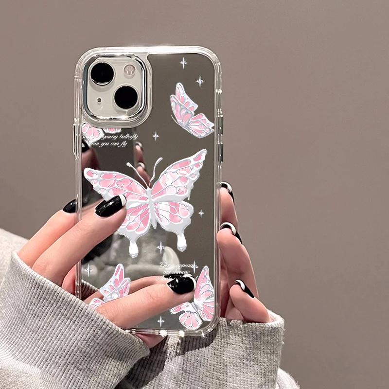 Для iPhone 16 Pro 13 Чехол Роскошный Зеркальный Серебристый Чехол для Телефона с Бабочками iPhone 15 14 11 12 Pro Max 16 Plus XR X XS Ударопрочный Чехол