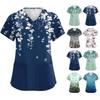 Women's Cute Printed Work Clothes V-neck Double Layer Pockets Basic Short Sleeve Top Pullover