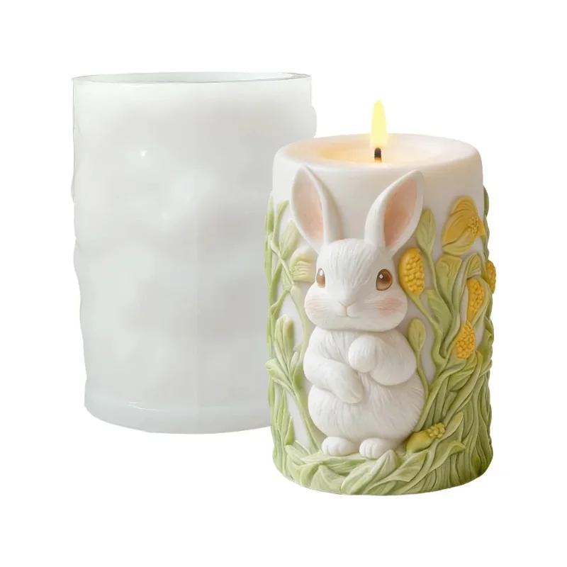 Top Quality Easter Candle Mold Relief Rabbit Candle Silicone Mold Rabbit Relief Crafts Molds Food Grade Cylinder Silicone Mold