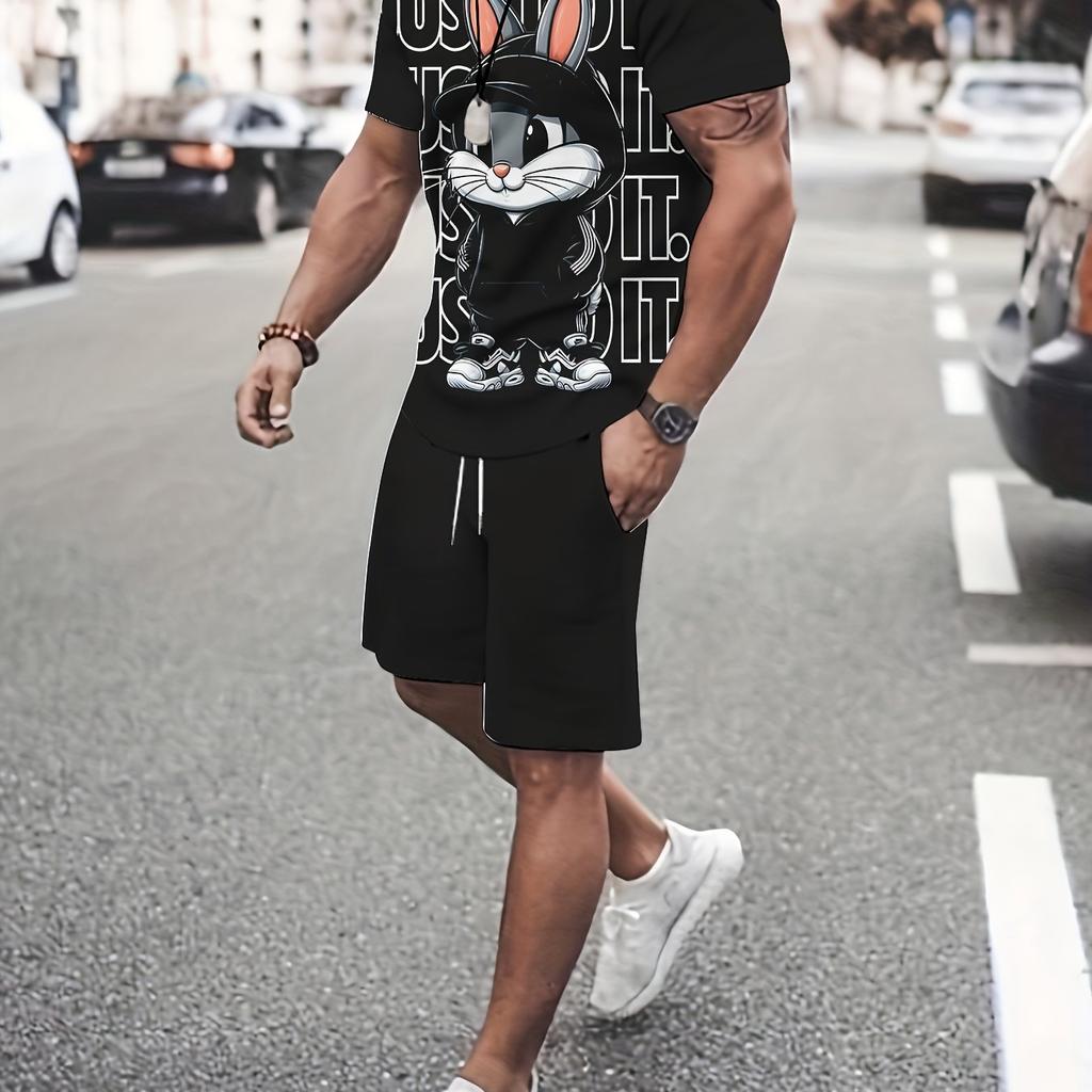 Men's Novelty Casual Outfit Set Gray and White - Polyester Machine Washable Round Neck Printed Casual Outfit