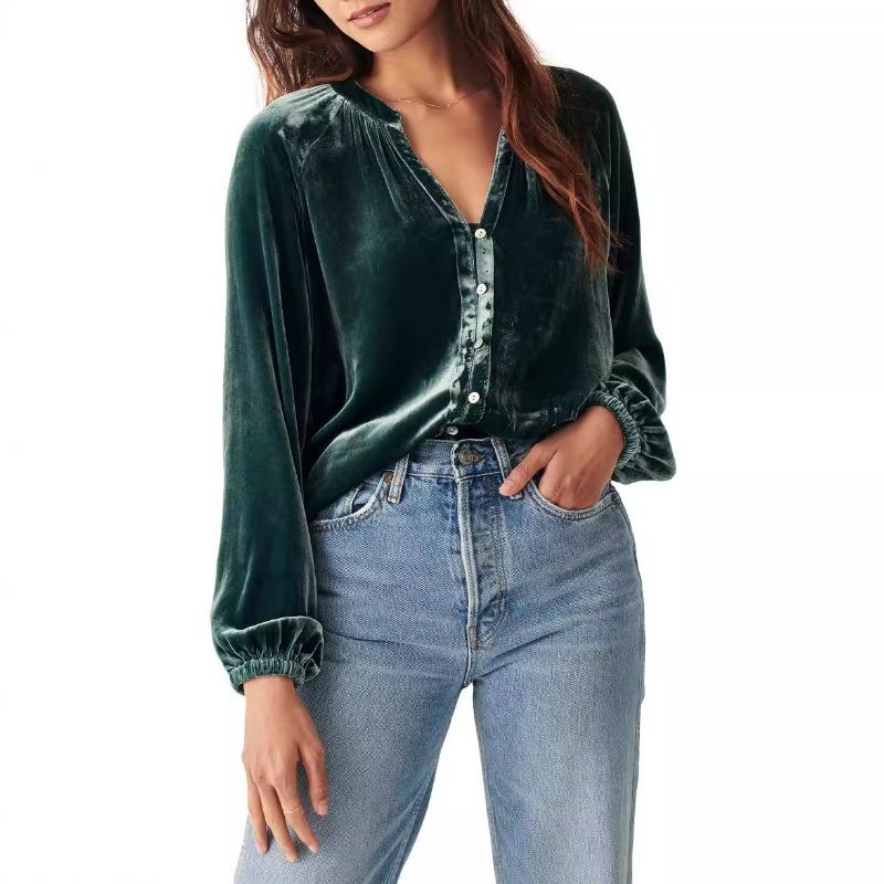 Женская рубашка больших размеров, новая осенняя, однотонная, с V-образным вырезом и длинным рукавом, рубашка Canary Commuter