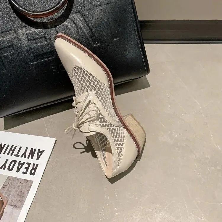 2024 Genuine Cow Leather Oxfords Women Shoes Lace-Up Ladies Brogue Flat Derby Shoes Pointed Toe Lace-up Heels Women Shoes for Women