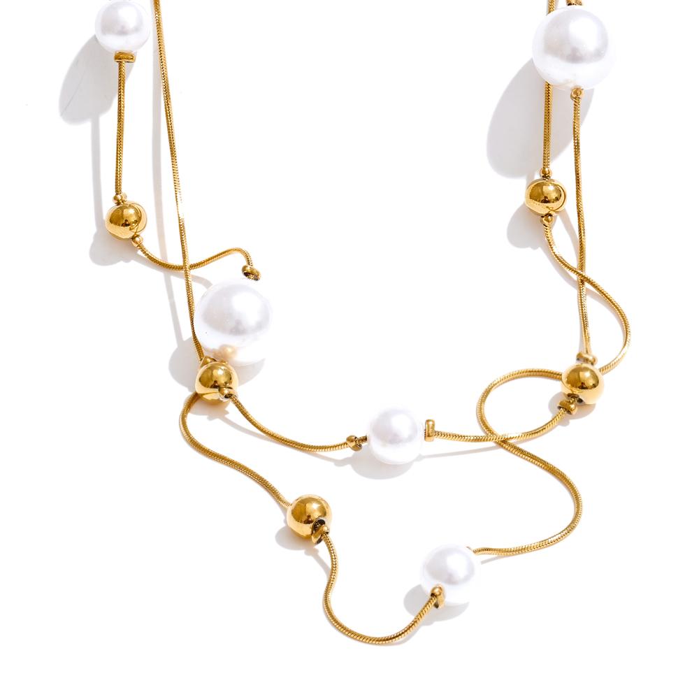 Yhpup 92+5cm Double-Layer Chain Overlay Necklace Stainless Steel 4-Season Jewelry Sweater Chain Accessories Simulated Pearls