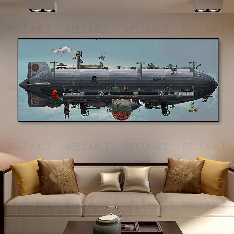 Ретро дирижабль в стиле стимпанк, атомпанк, дизельпанк, фэнтези, холст, картина, настенное искусство, винтажные постеры с космическим кораблем для декора гостиной