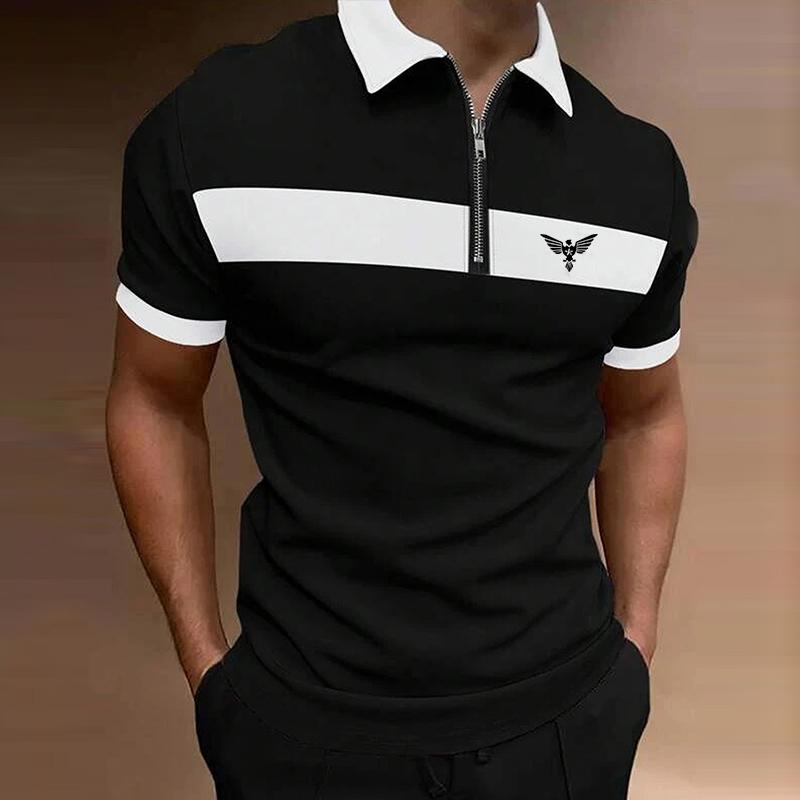 Мужская рубашка-поло на молнии с короткими рукавами, весна-лето, мужская рубашка-поло с лацканами с вышивкой.