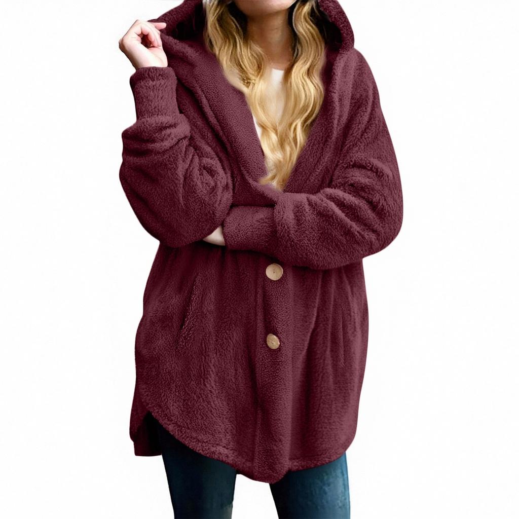 Женская модная однотонная свободная повседневная плюшевая куртка с карманами на пуговицах и капюшоном