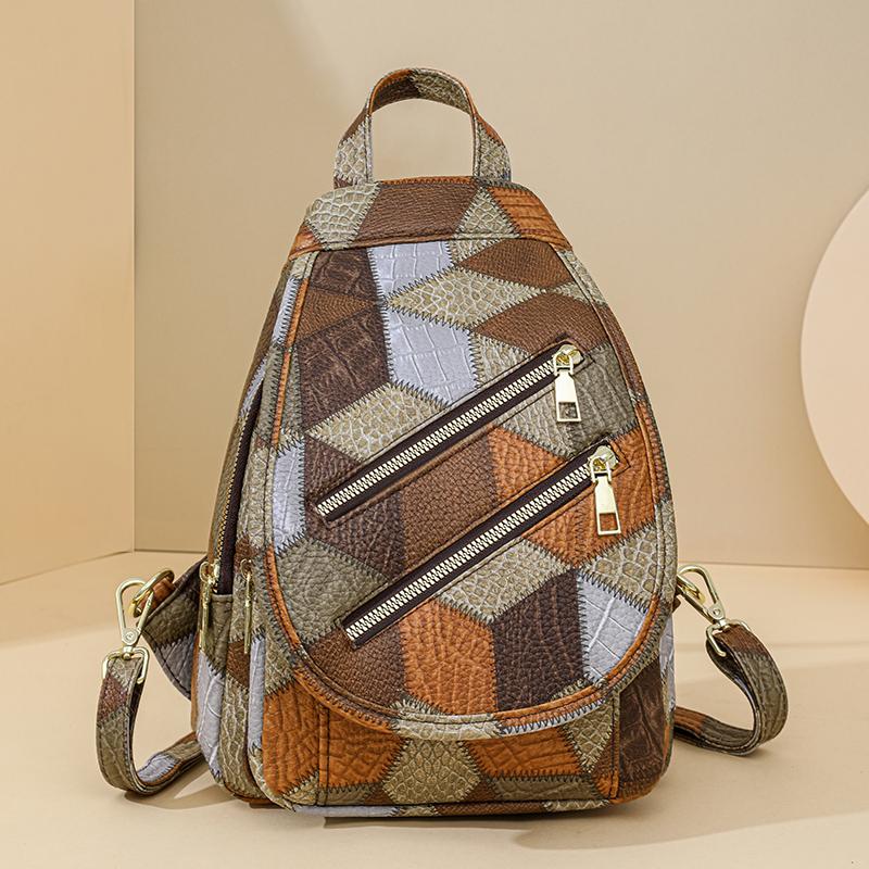 Нагрудная сумка с цветными блоками, женский рюкзак из мягкой кожи, уличный дорожный рюкзак с двойной молнией