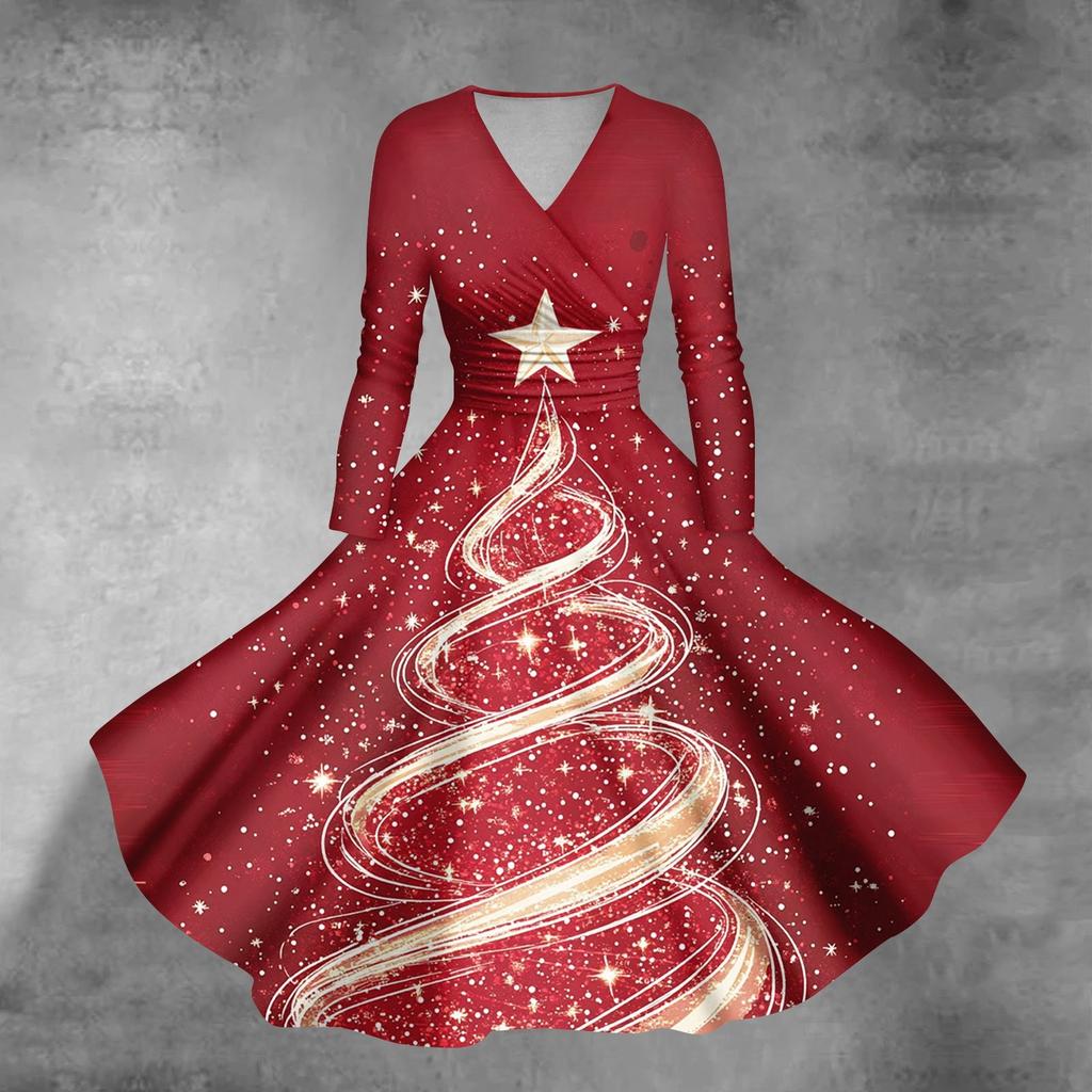 Women's Casual Fashion Christmas Printed Long Sleeve V-Neck Sexy Pocket Dresses