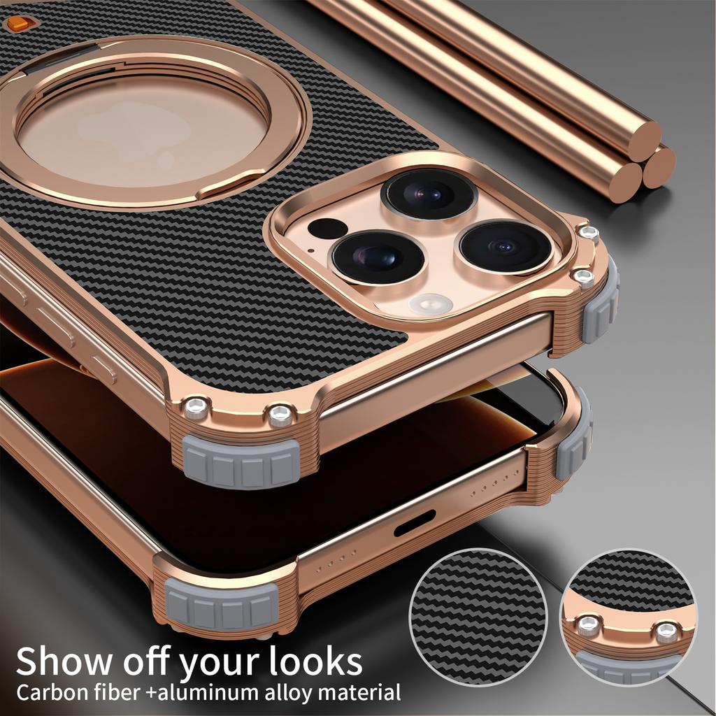 Для iPhone 13 Pro Max Магнитный чехол Текстура углеродного волокна ПУ+Металлическая безбортовая задняя крышка телефона с подставкой