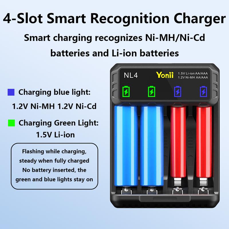 LCD battery charger 4 slots support charging 1.5V lithium battery and 1.2V Ni-MH, Ni-Cd battery AA/AAA can charge 3.7V 14500, 10