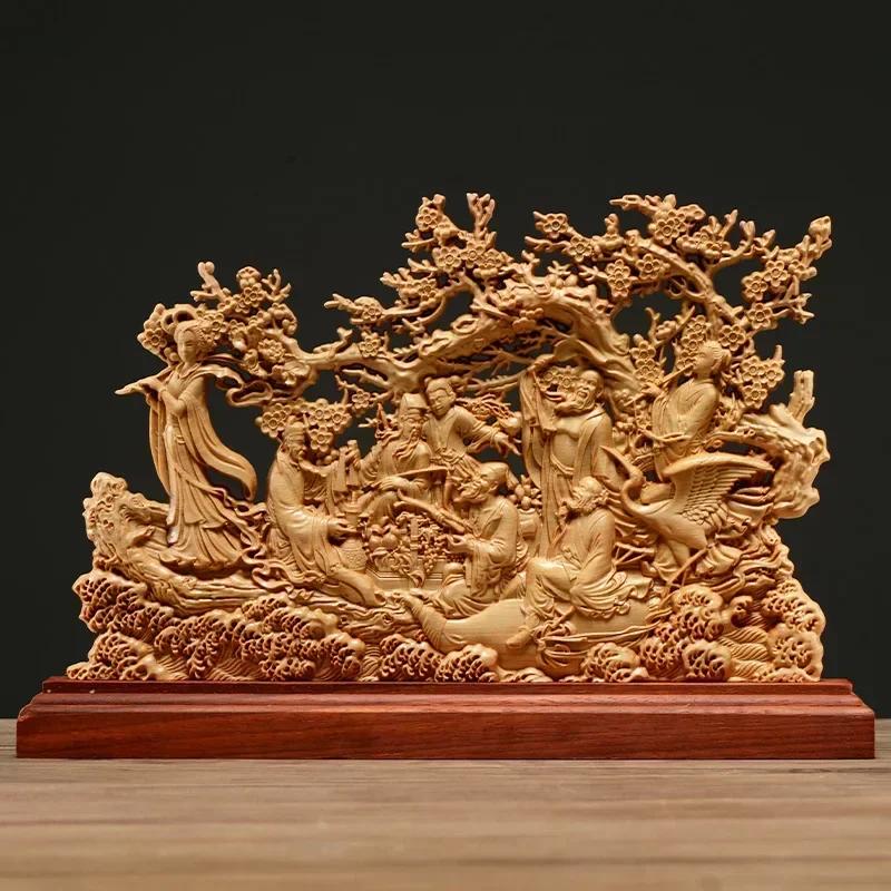 Thuja Wood Carving Eight Immortals Sculpture Decor Dish Wood God of Wealth Lucky Gift Home Decor
