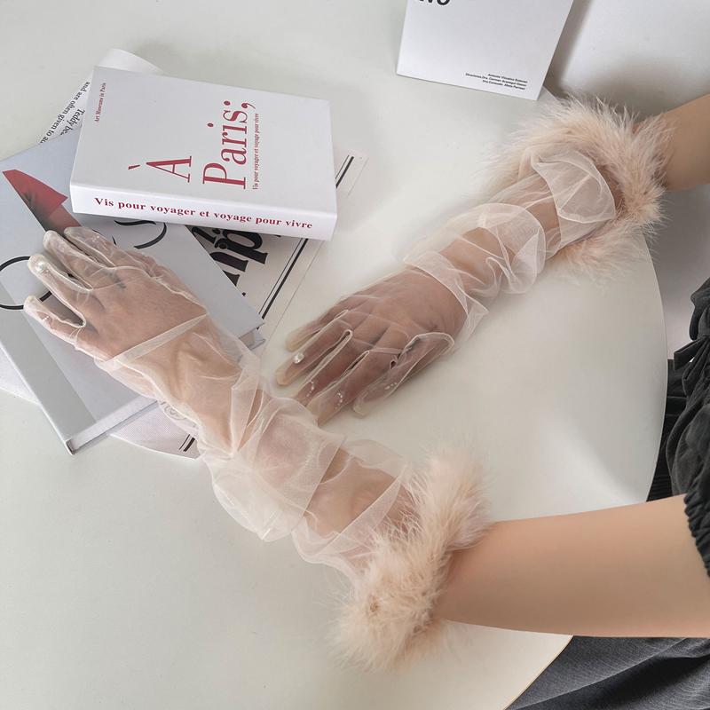 Summer Feather Gauze Thin Sunscreen Long Gloves Personality Tulle Sheer Bride Wedding Gloves Party Accessories