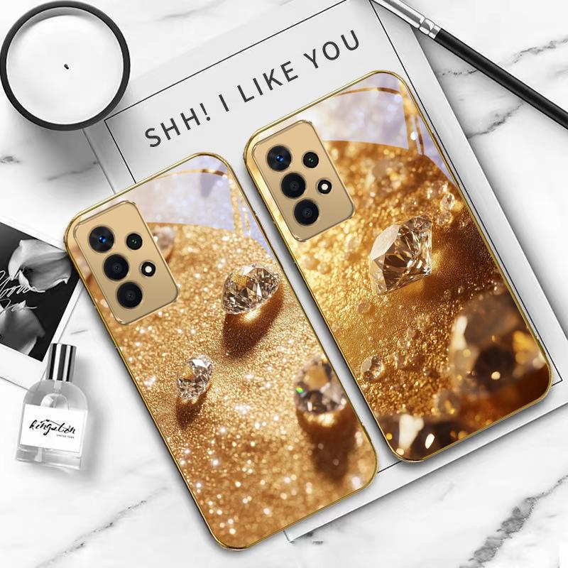 Блестящие золотые бриллианты Для Samsung A 01 52S A04 A05S A10 A12 A13 22 23 24 36 42 M02 Note 10 20Ultra 8 9 Золотой стеклянный чехол для телефона