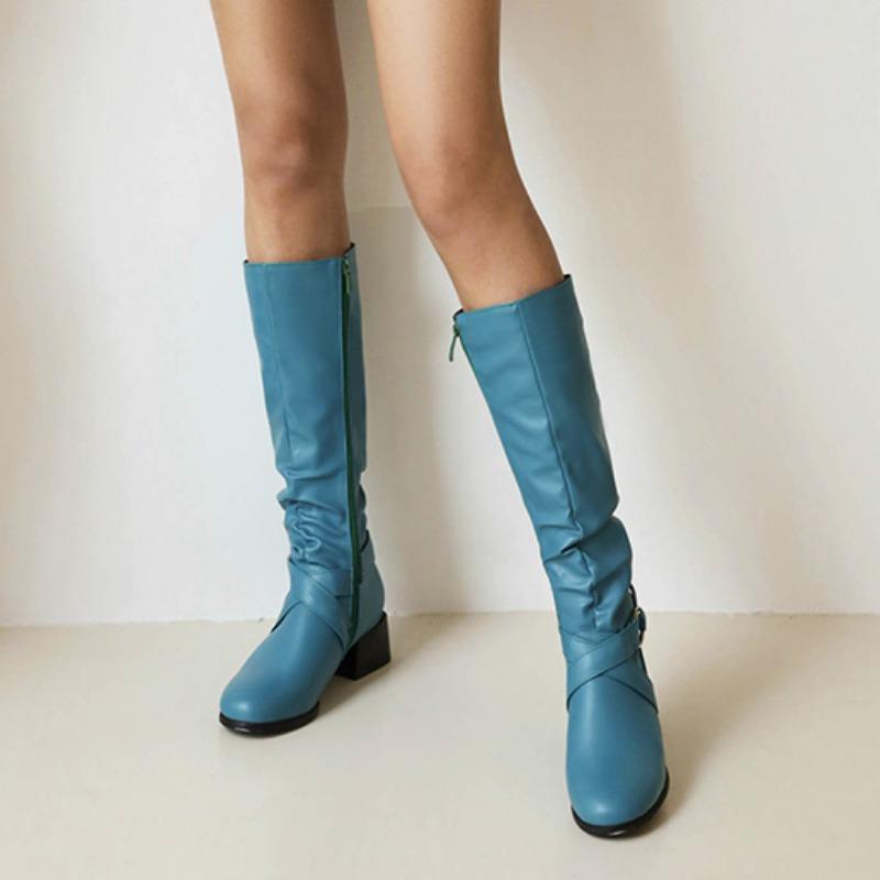 Женские новые горячие продажи сапоги выше колена с пряжкой и круглым носком высокие сапоги женские плиссированные на низком каблуке повседневные кожаные зимние женские сапоги