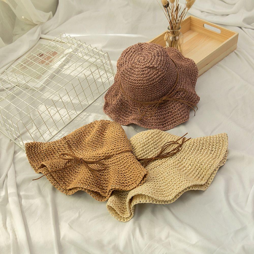 French Style Folding Straw Hats Spring Summer Women's Sun Hat Ins Bow Straw Hat  Female