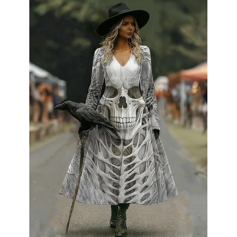Halloween Long A-Line Dress Vintage Bohemian Style Skull Print V-Neck Full Sleeve Party Wear