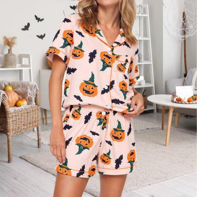 Женский пижамный комплект на Хэллоуин, с пуговицами, 2 предмета, шорты и футболка, с тыквенным принтом, с коротким рукавом, комплекты для сна