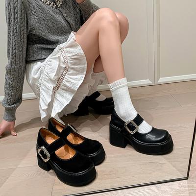 Туфли на платформе с очень высоким каблуком, женские, новинка 2025 года, небольшие туфли-лодочки, увеличивающие рост, туфли Мэри Джейн с толстым каблуком и пряжкой в виде одного слова