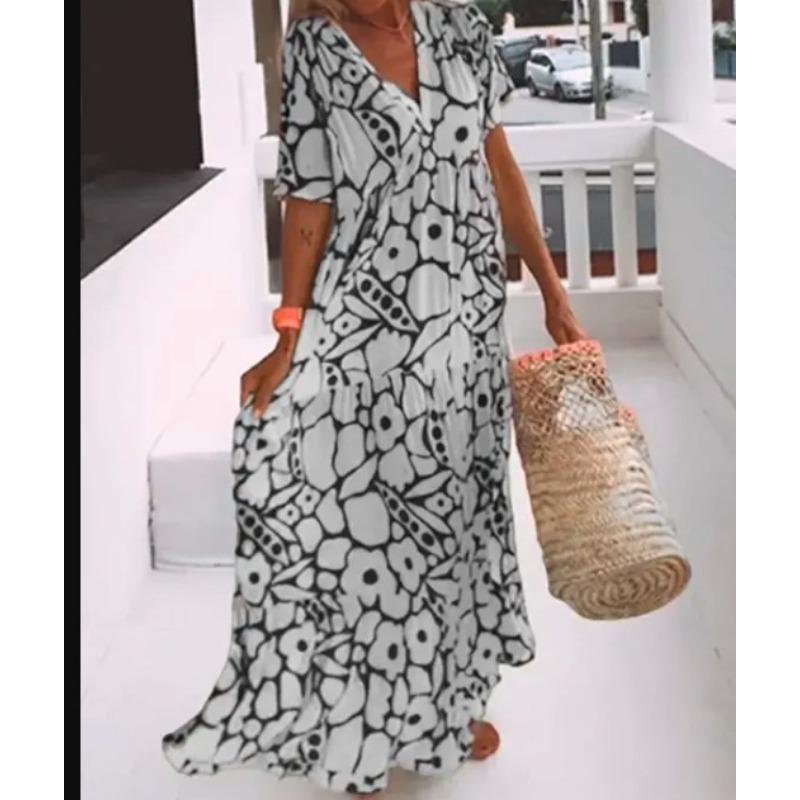 Summer New Women's Printed Short Sleeve V-neck Long Dress