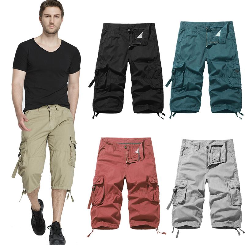 Мужские шорты-карго 3/4, летние повседневные хлопковые армейские брюки с несколькими карманами