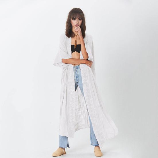 Lady Beach Cardigan Sunscreen Anti-UV Long Sleeves Lace Bohemian Style Bikini Cover-up Thin Calf Length Vacation Daily Leisure Style Coat
