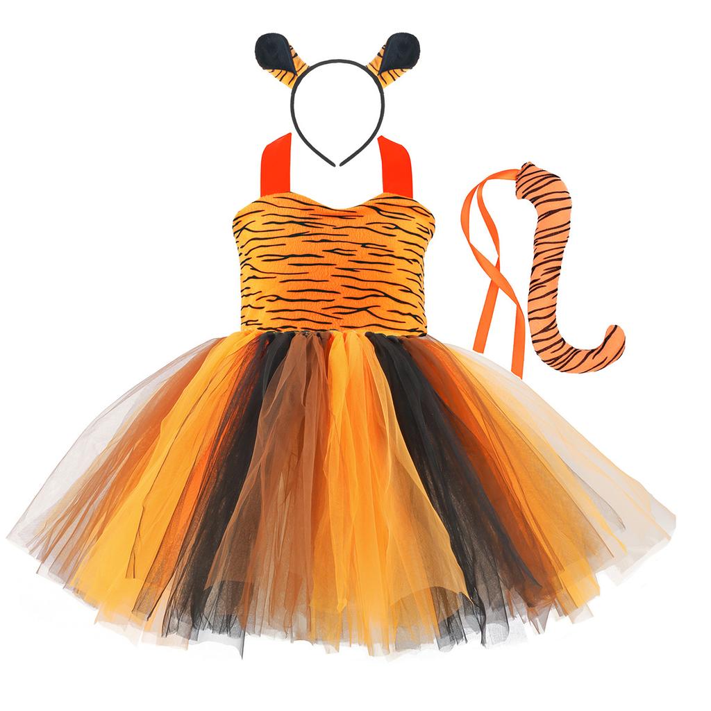 Baby Girls Halloween Cosplay Costume Kids Forest Theme Giraffe Cows Tiger Print Tutu Dress Party
