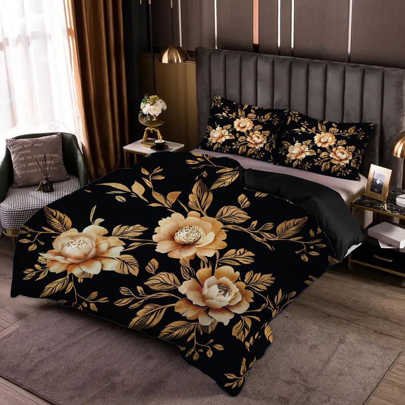 Gold Flower Pattern 3D Printed Quilt Cover Elegant Soft Comfortable Bedding Set Luxury Home Textiles Duvet Cover Set Pillowcases