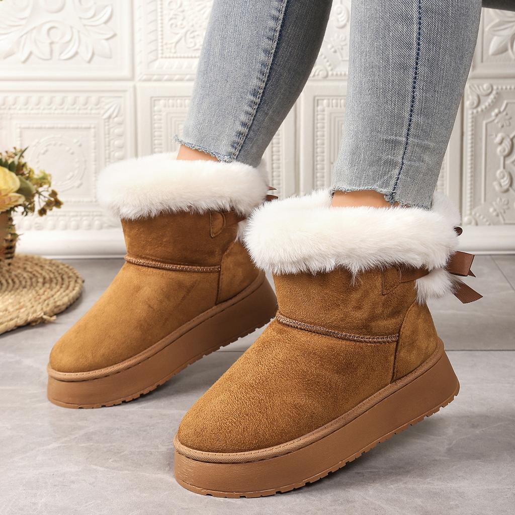 Fashion Women Boots Winter New Bow Plus Cotton Boots Casual All-match Thick Soled Mid-tube Snow Boots Fashion Retro Outdoor Women Shoes