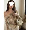 Women's Off-the-Shoulder Tie-Dye Mesh Long-Sleeve Sun Protection Top with French Collarbone Design