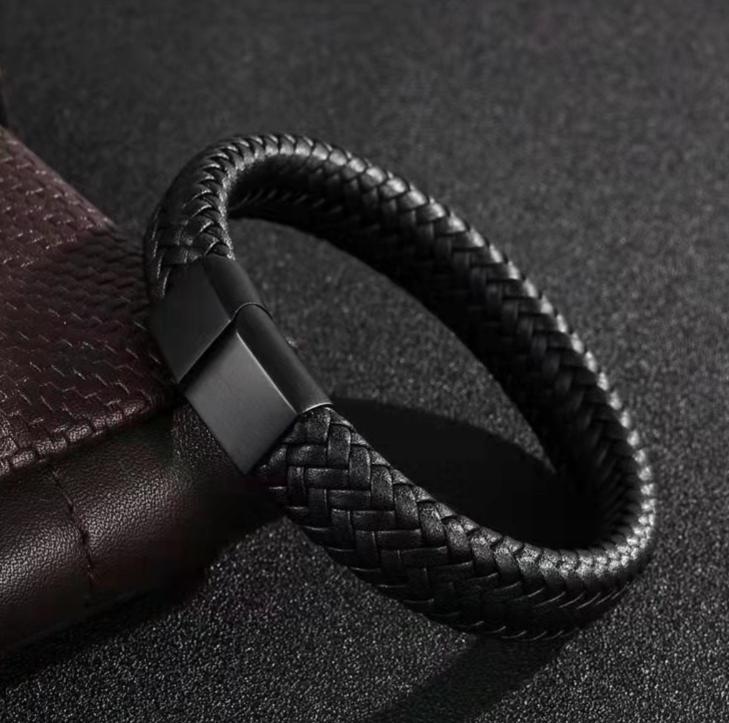 Men's leather bracelet black gift braided bracelet adjustable