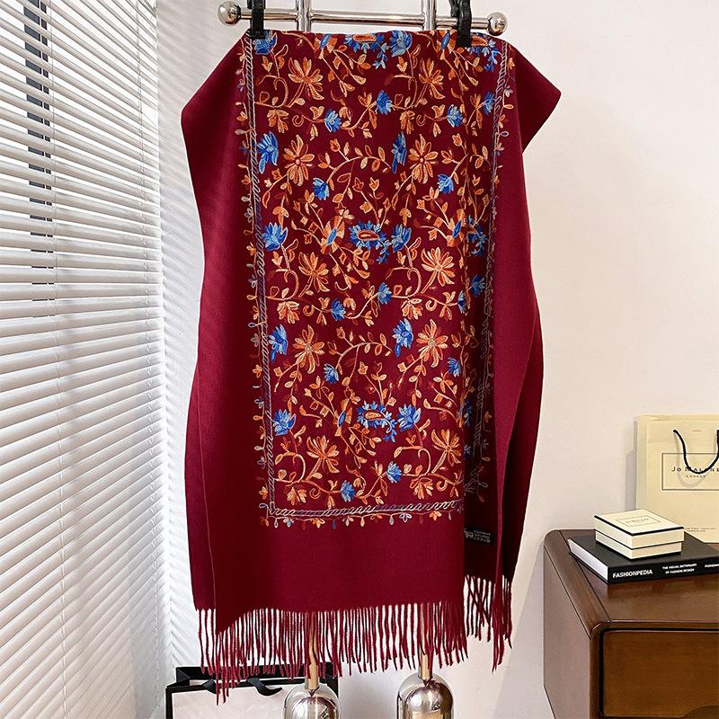 Ботанические цветы, винтажная вышивка индивидуальности, кисточки, этническая вышивка, женский теплый шарф