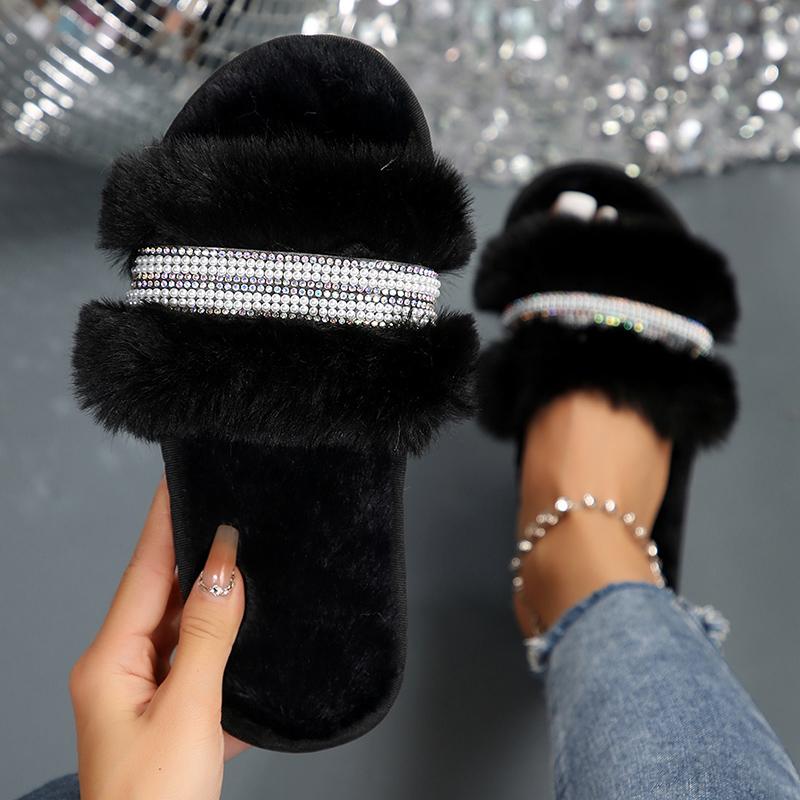 Fashion Luxury Pearl Decor Home Fur Slippers Women Winter Indoor Cozy Open Toe Fluffy Slides Woman Mixed Color Plush Warm House Slippers