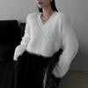 Women‘s Lazy Style Basic Short Plush Sweater Fall Winter Soft Comfortable Warm Simple Sweater for Lady V-neck Long Sleeve Loose Short Sweater