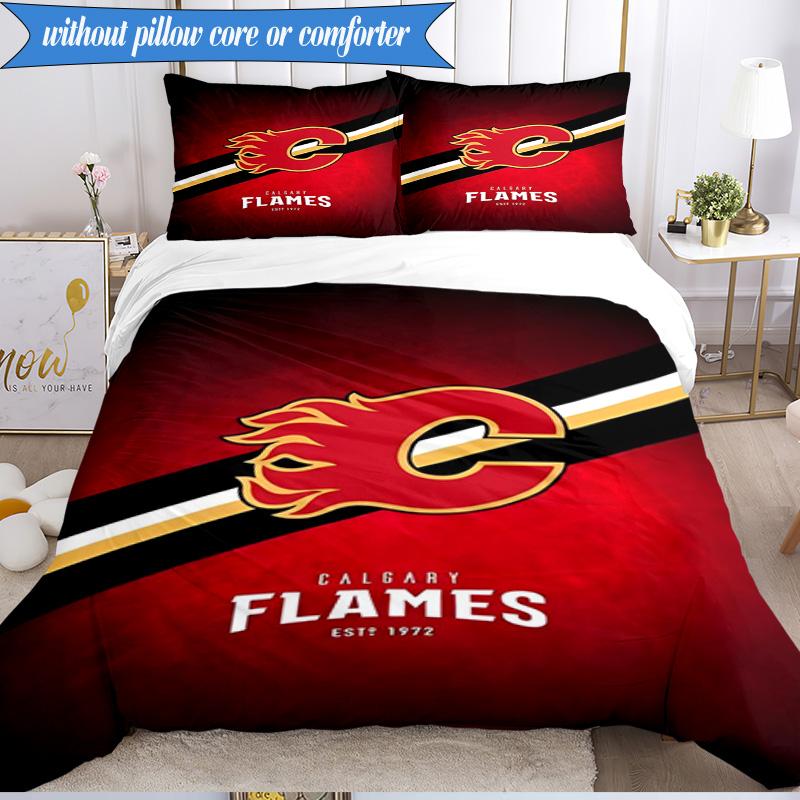 3PCS Flames Hockey Team Logo Bedding Set,Including 1pc Duvet Cover And 2pcs Pillowcases Perfect for Bedroom, Dormitory, Fan Christmas gift