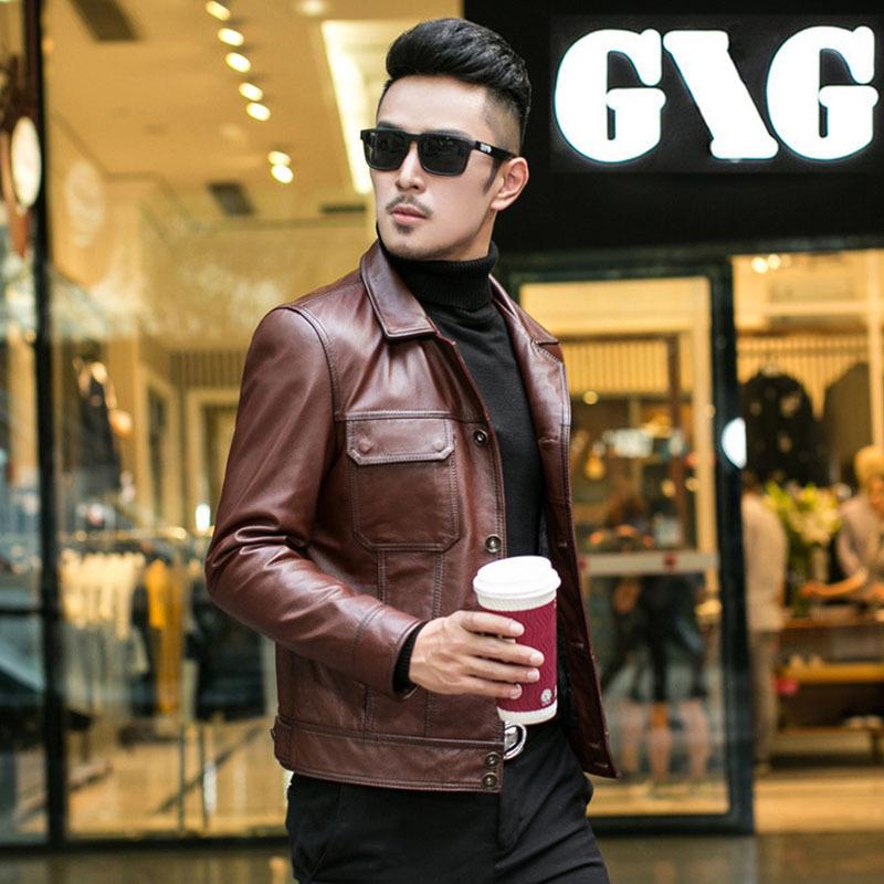 Осенняя мужская кожаная куртка на пуху, мотоциклетная куртка из телячьей кожи с верхним слоем, кожаная куртка, короткая повседневная трендовая куртка