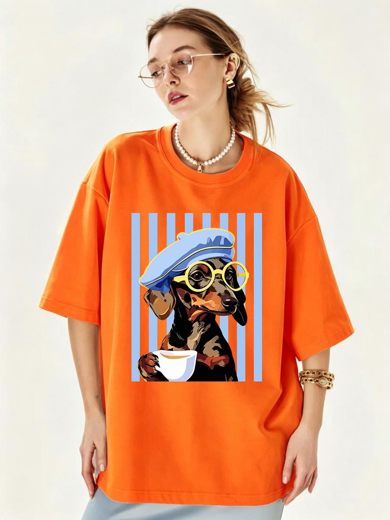 Dachshund Illustration Prints T-Shirts Cotton Womens Summer Oversized Tops Soft O-Neck Short Sleeve T Shirt Basic Woman Clothes