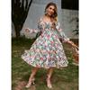 Summer Square Collar Floral Print Dress Women Elegant Fashion Long Sleeve Vintage Dress Plus Size High Waist A-line Party Loose Casual Dresses 1330