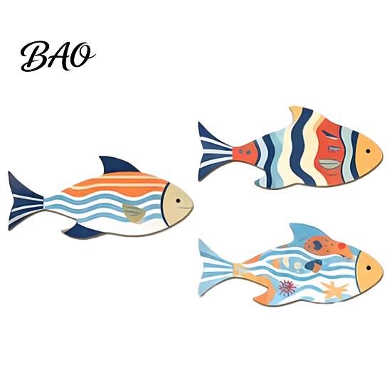 Balcony Marine Wall Art 3 Pcs Vintage Beach Wooden Fish Decor, Nautical School of Coastal Art, Summer Lake House Hanging Sculpture for Living