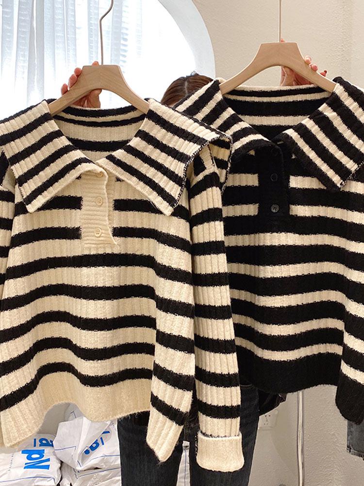 Women's 2024 Hot Style Thickened Striped Sweater with Navy Collar - Lazy Niche Design for Autumn and Winter